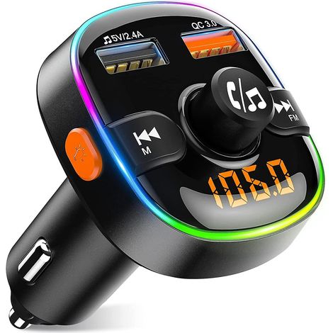 bluetooth Voiture, Charge Rapide Qc3.0 Transmetteur Fm Bluetooth 5.0 Avec Rtroclair Led 7 Couleurs & 2 Ports Usb, Adaptateur Bluetooth Voiture App (1/5)