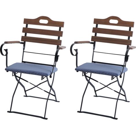 [NEUWERTIG] 2er-Set Biergartenstuhl HHG-122, Klappstuhl Gartenstuhl, Gastronomie-Qualität Akazie hellbraun, Polster blau