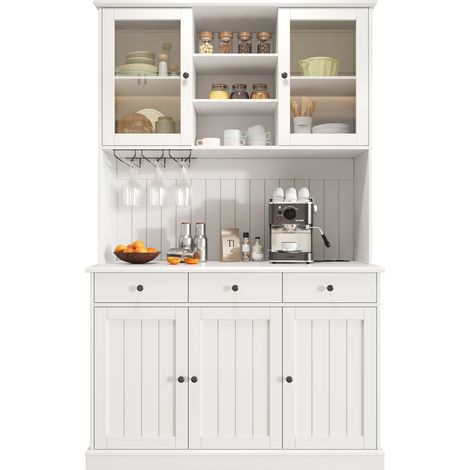 Aparador alto 120x40x191 cm con puertas de cristal, enchufes y USB, blanco HOMVRA (1/5)