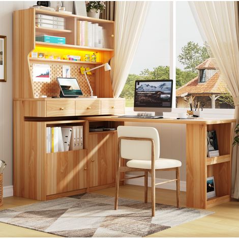 Mueble de almacenaje multifuncional con escritorio, LED y puertas de vidrio, natural OKMYHOME (1/5)