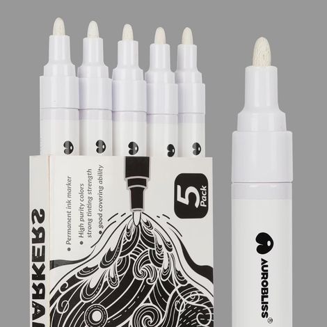 White Paint Marker Medium Tip 2-3 mm, 5 Marker Pens for Tyres, Fabric, Pebbles, Wood, Glass, Metal, Shoes, Permanent White Felt Fabric (1/5)