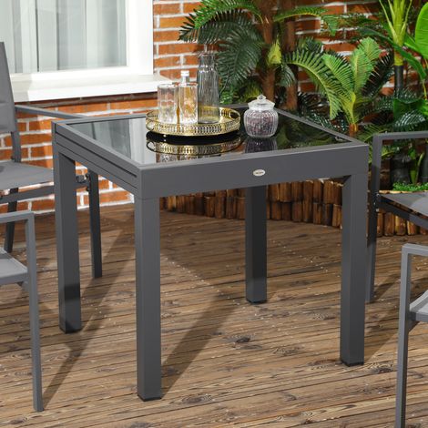 Table de Jardin extensible en aluminium et verre noir, 80-160 x 80 x 75 cm, idéale pour extérieur. (1/5)