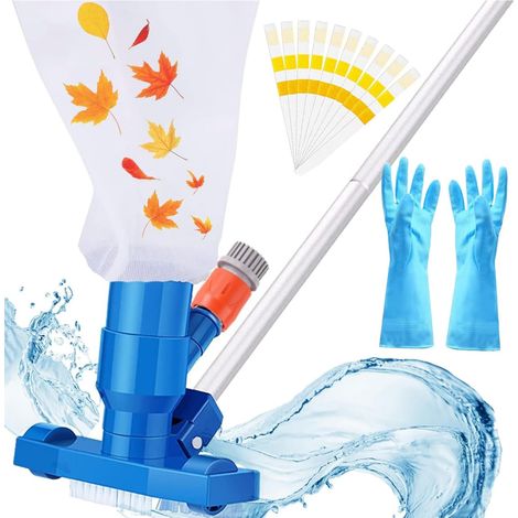 Aspirateur de Piscine,Kit d'entretien pour Piscine,Mini Aspirateur Manuel à Vide avec Brosse et 5 Pôles et Sac en Filet,Kit de Nettoyage Piscine pour Piscine Hors Sol,avec 10 PH Bandelettes Test,Gants (1/5)