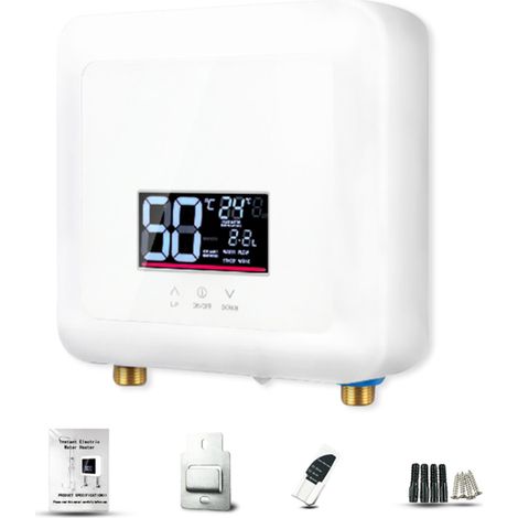Chauffe-eau instantané 7500 W, mini chauffe-eau électrique sans réservoir, fixation murale, affichage LED, thermostat et réglage de la puissance, idéal pour la cuisine et la salle de bain. (1/5)