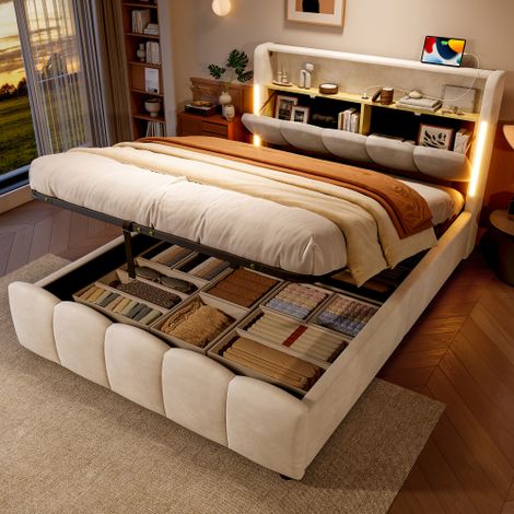 Lit coffre 140x200 cm, lit double avec éclairage LED, ports USB et Type-C, velours, beige, sans matelas (1/5)