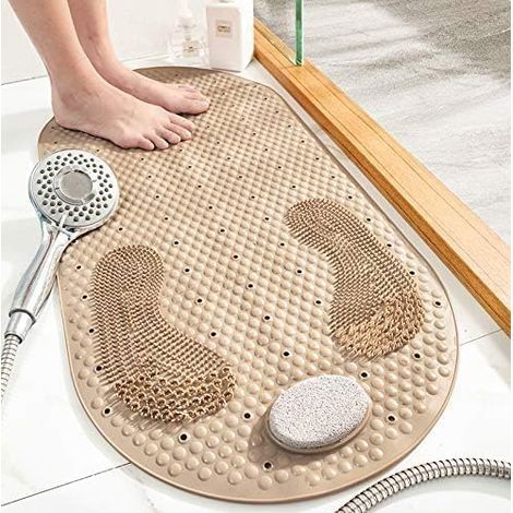 Ce tapis de bain antidérapant en TPE est doté de ventouses, mesure 80 x 40 cm et comprend une pierre ponce amovible pour le massage des pieds. (1/5)