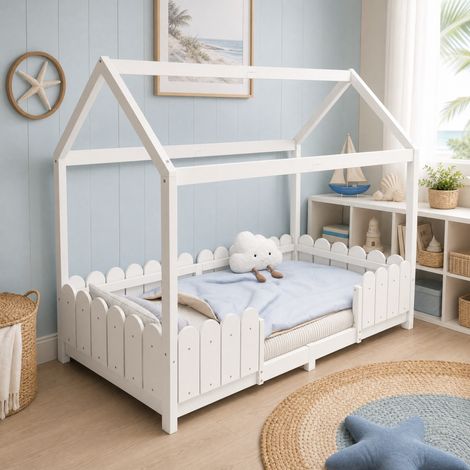 Cama cabaña infantil 90x200 cm de madera blanca, ahorra espacio, sin colchón -FLORAGRACE (1/5)