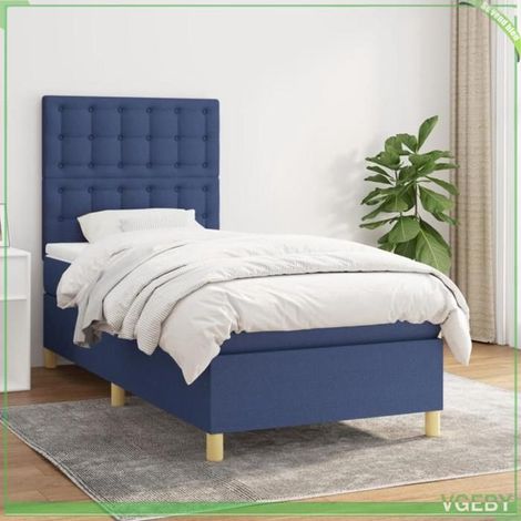 Sommier à lattes avec matelas - 3142623 - 90x190 cm - Tissu bleu, tête de lit réglable - Matelas 20 cm ressorts ensachés (1/5)