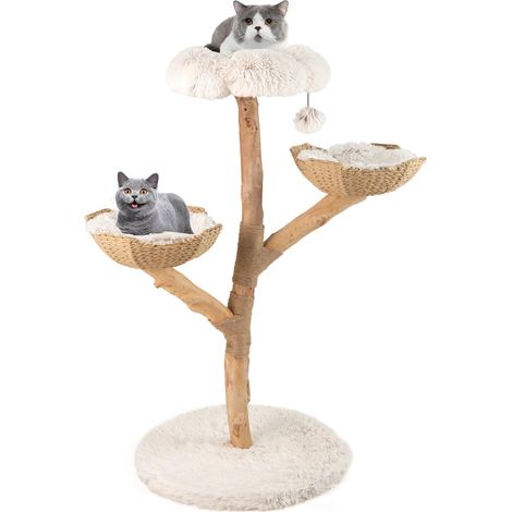 Albero per gatti XXL 122 cm, Albero per gatti in legno massello, 2 cestini in rattan, 2 piattaforme, Tiragraffi in iuta, Torre per gattini, Nappa sospesa (1/5)