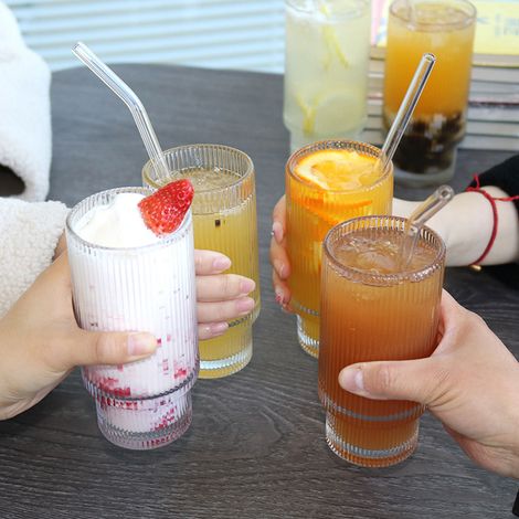Mug empilable pour café au lait, style rétro, style Coca-Cola, style bière, 473 ml (16 oz), rayures verticales, 4 tasses + 4 pailles + 4 couvercles (1/5)
