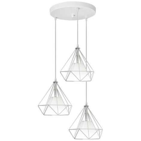 royaluxe- Lampes Suspendues Cage En Fer En Métal 3 Supports De Lampe Plafonnier En Forme De Diamant Ø20CM Pour Cuisine Salon Restaurant Bar (Blanc)