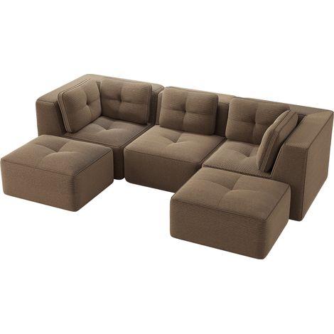 Divano modulare da soggiorno 3 posti con ottomana in velluto a coste marrone 297x177x69 cm (1/5)
