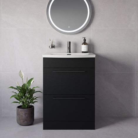 Napoli 390 Nero Oak 600mm 2 Drawer Vanity Unit with Arc Basin - 600mm - Gunmetal Grey 320mm Handle