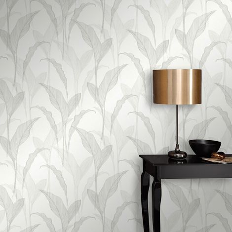 Papier peint salon motif feuille gris & blanc | Tapisserie blanche & grise motif feuille minimaliste | Papier peint intissé chambre adulte (1/4)