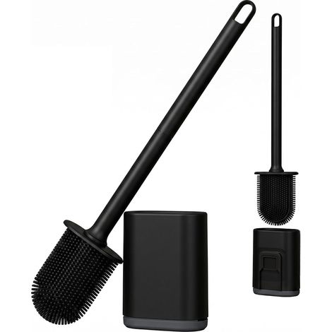 Brosse WC en Silicone avec Support, Brosse Toilette 2-en-1 Balayette WC Hygiénique Anti-Odeur Séchage Rapide Montage Mural ou Au Sol pour Salle de Bain, Noir (1/5)