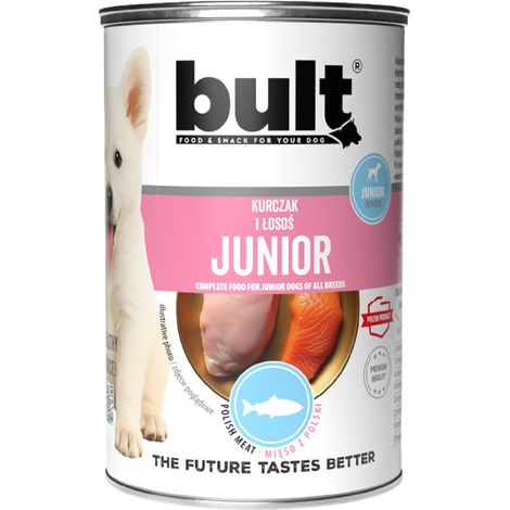 Alimento húmedo para perros BULT JUNIOR sabor pollo con salmón, lata de 400 g.