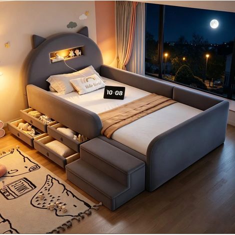 Cama tapizada infantil 211x97.5x102.5 cm, cabecero con orejas, luz nocturna, USB, almacenaje, terciopelo gris oscuro (1/5)
