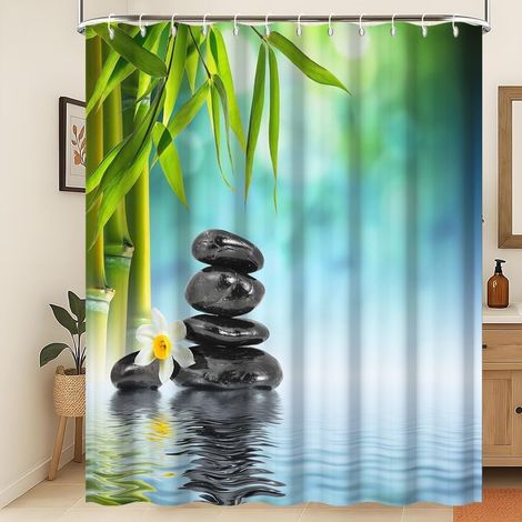 Spa Jardin Rideau de Douche Rideau de Douche Bokeh Spa Vert Bambou Noir Pierre Fleur Simples Accueil Jardin Rideau de Douche imperméable Tissu imperméable et Lavable en Machine 120x180cm (1/5)