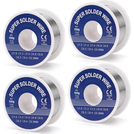 Paquete de 4 hilos de soldadura con fundente - 0,8 mm/1 mm - 100 g - Sin plomo - Con núcleo de resina - Baja temperatura - Para reparaciones, soldadura eléctrica y proyectos de bricolaje (1/5)