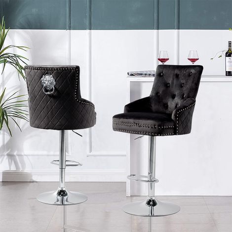 1x Crushed Velvet Upholstered Breakfast Bar Stool Chrome Lion Knocker &Button - Black (1/5)