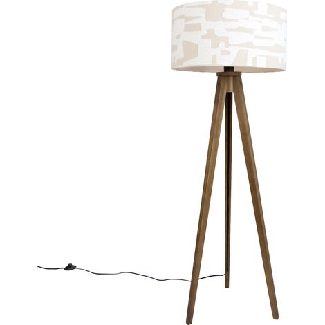 QAZQA Stehleuchte aus Holz mit beige-weiß gestreiftem Schirm 50cm