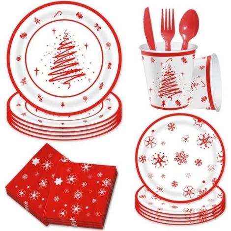112 pièces vaisselle jetable, rouge, papier recyclé, service festif pour 16 personnes, idéal Noël et événements