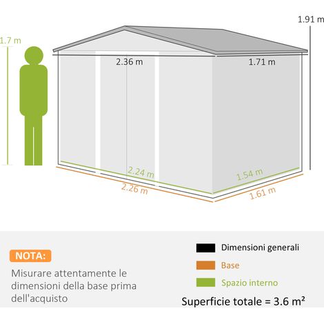 Abri de jardin en acier de 2,3 m x 1,7 m (avec ouvertures de ventilation et double porte coulissante), gris foncé (1/5)