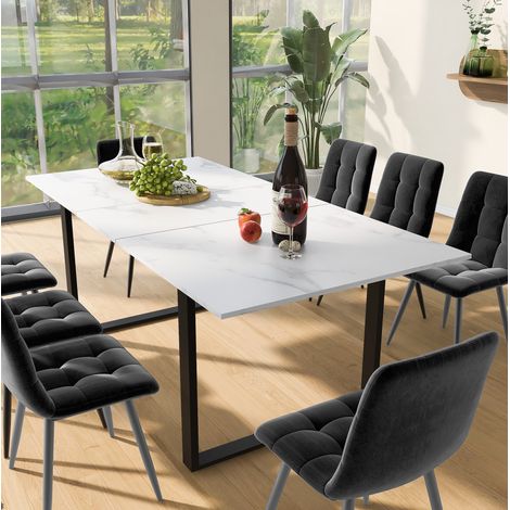 Ensemble table à manger extensible 8 places 140/180 x 80 x 75 cm, table MDF blanche et chaises rembourrées, style moderne CHICFURN (1/5)