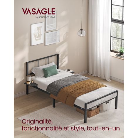 Vasagle – Cadre de lit 90 x 190 avec sommier métal – 2 étagères de rangement – Hauteur 28 cm – Capacité 250 kg – Montage facile – Noir d'encre (1/5)