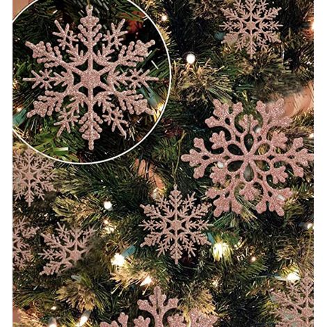 Adornos navideños de copos de nieve, 36 piezas, plástico brillante, blanco, plateado, rosa, dorado, irrompibles, decoración para árbol de Navidad, sala de estar, hogar (1/5)