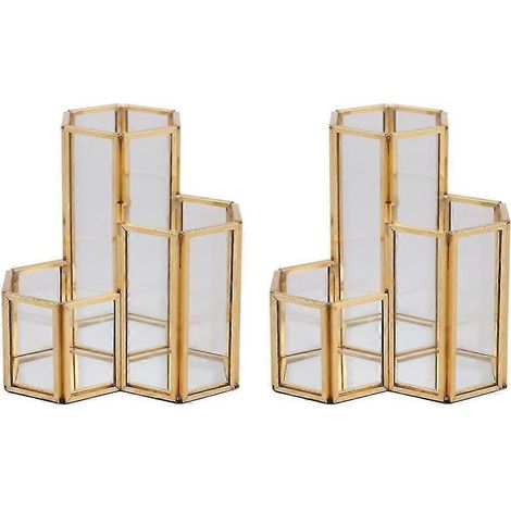 2x Porte-stylos hexagonal en verre et cuivre composite Boîte à pinceaux de maquillage en verre Organisateur de bureau multifonction (1/5)
