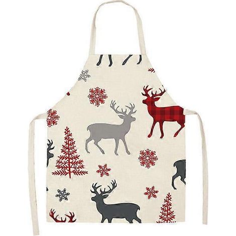 1 stuk witte kerstkeukenschort, vrolijk kerstschort, origineel klassiek linnen schort met rendier, dennenboom, sneeuwvlok en oude man, verstelbare nekband, cadeaudecoratie (1/4)