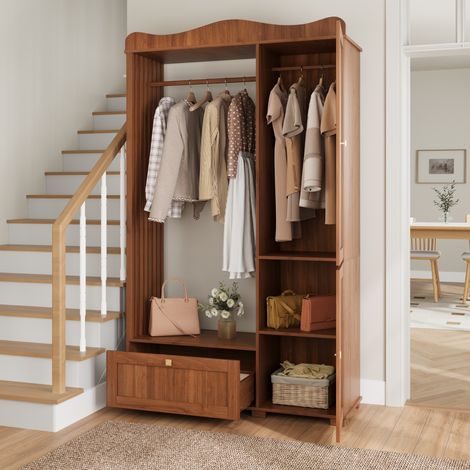 3-in-1 Garderobenschrank für den Eingangsbereich, Walnuss, 115 cm breit – Spiegel, Kleiderstange und Schuhschrank – 1 Schublade und 2 Türen – Retro-modernes Design