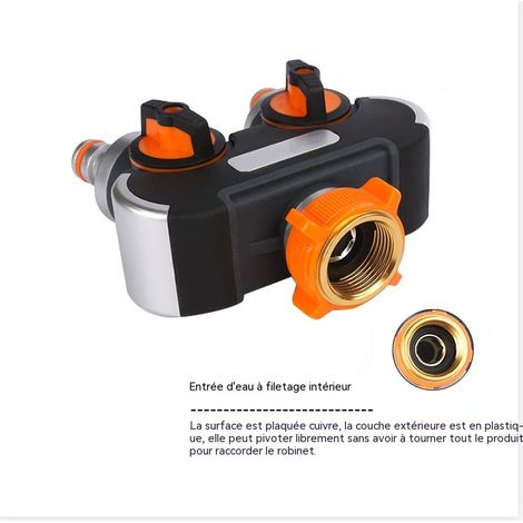 Vanne robinet jardin double sortie 16mm, séparateur 1 entrée 2 sorties, métallique, accessoire tuyau (1/5)