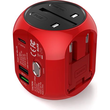 Adaptateur de Voyage Universel avec QC3.0 Charge Rapide 2 Ports USB 3.0 et 1 Interface de Type C (US/EU/UK/AU) dans Un Chargeur Multifonction pour Plus de 180 Pays, 2 fusibles (Red) (1/5)