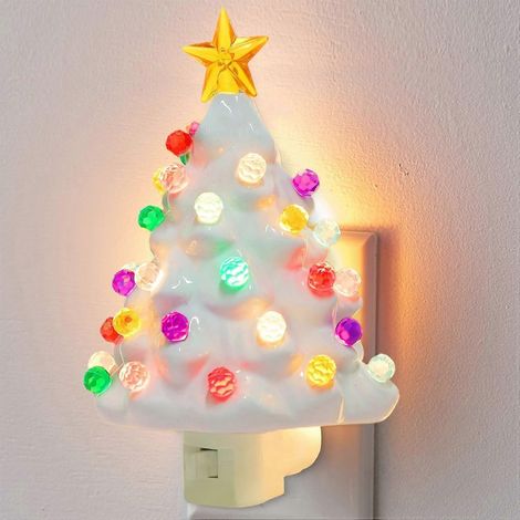 Veilleuse sapin de Noël blanche, veilleuse décorative en céramique avec lampe pour enfants, ampoules multicolores et rotation à 360° (1/5)