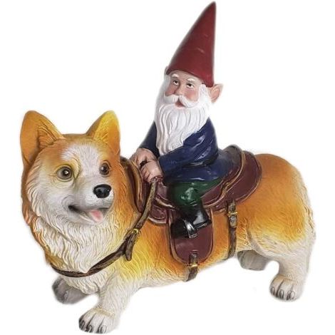 Statue de nain de jardin Funny Guy Mugs - Nain chevauchant un Corgi - Sculpture de nain de jardin intérieur/extérieur pour patio, cour ou pelouse