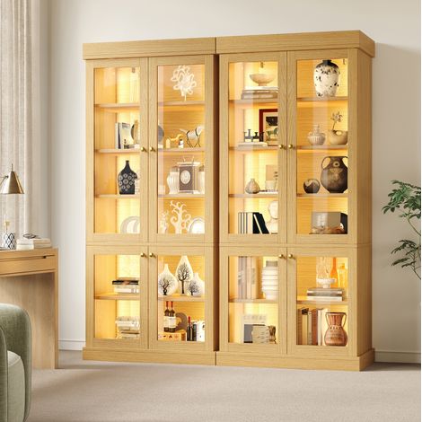 Meuble de rangement vitrine avec LED, portes en verre, anti-basculement, bois naturel HAVRYA (1/5)