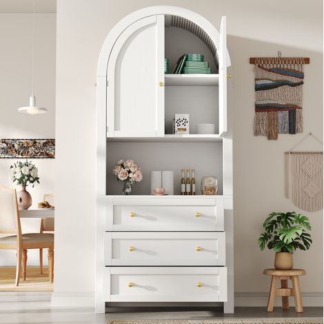 Buffet haut en MDF blanc 70 x 35 x 180 cm, 3 tiroirs, portes cintrées, niche ouverte et système anti-basculement (1/5)
