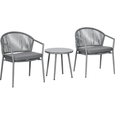 Ensemble mobilier de jardin : 2 chaises et 1 table plateau verre, aspect rotin, cadre métallique résistant aux intempéries, couleur gris (1/5)