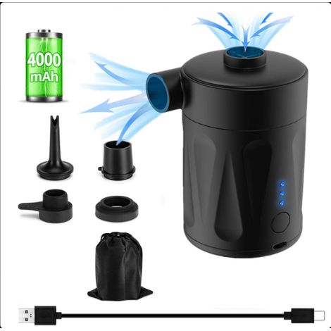 Pompe à Air Électrique 2‑en‑1 – Mini Rechargeable + 4 Embouts + Sac Rangement