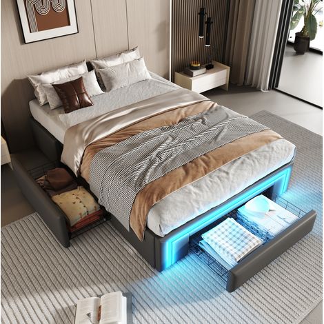 Bett modern 90x200 cm grau in PU-Leder, mit Schubladen, Metall-Lattenrost und LED-Lichtleiste (1/5)