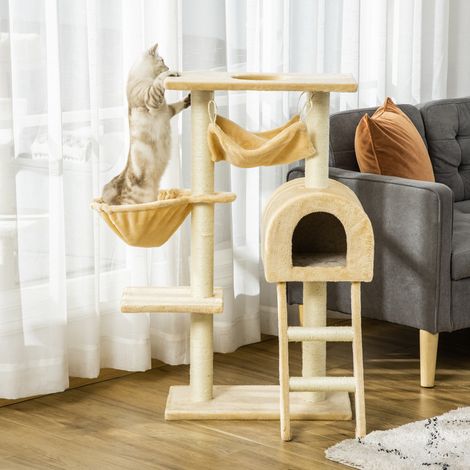 Arbre à chat griffoir arbre à plusieurs niveaux centre d'activités hauteur beige à grimper stable 98 cm design moderne (1/4)