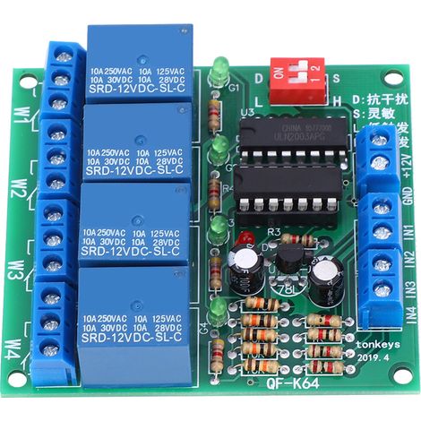 Module relais 4 canaux K64 A-12V, sensibilité réglable, déclenchement haut/bas niveau, avec interrupteur autobloquant. (1/5)