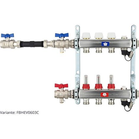 Fußbodenheizungsverteiler aus Edelstahl mit Topmeter für 3 Heizkreise - mit WMZ-Anschlussset 110 mm waagrecht (1/3)
