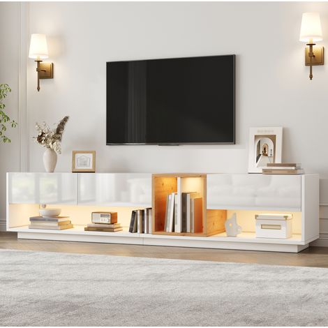 Mueble TV bajo 190 x 38 x 42 cm con LED controlada por app, 3 puertas, brillo, blanco (1/5)