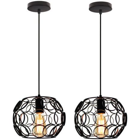 royaluxe- 2PCS Suspension Luminaire Cage Ronde Lampe À Suspension En Fer Métallique Plafonnier Rétro Vintage Pour Club Bar Café Noir