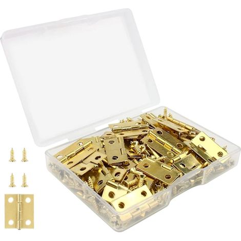 50 mini-charnières (18 x 15 mm) en laiton inoxydable résistant, pour tiroirs, boîtes à bijoux et armoires, avec 200 vis - Doré (1/5)