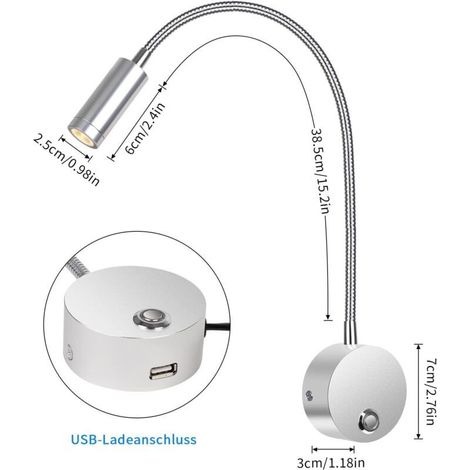 Liseuse murale, liseuse murale LED avec interrupteur tactile et port de charge USB, liseuse de chevet 3W rotative à 360°, 3000-6000K, argent [Classe C d'efficacité énergétique]. (1/5)