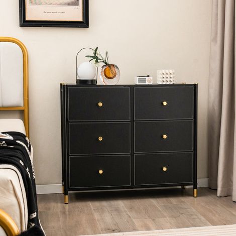 Commode Armoire de Rangement 6 Tiroirs Tissu Cadre Métal Rangement Autoportante Salon Noir CW45266 (1/2)
